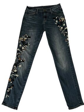 DRIFTWOOD Dark Blue Straight Leg Jeans with Floral Embroidery